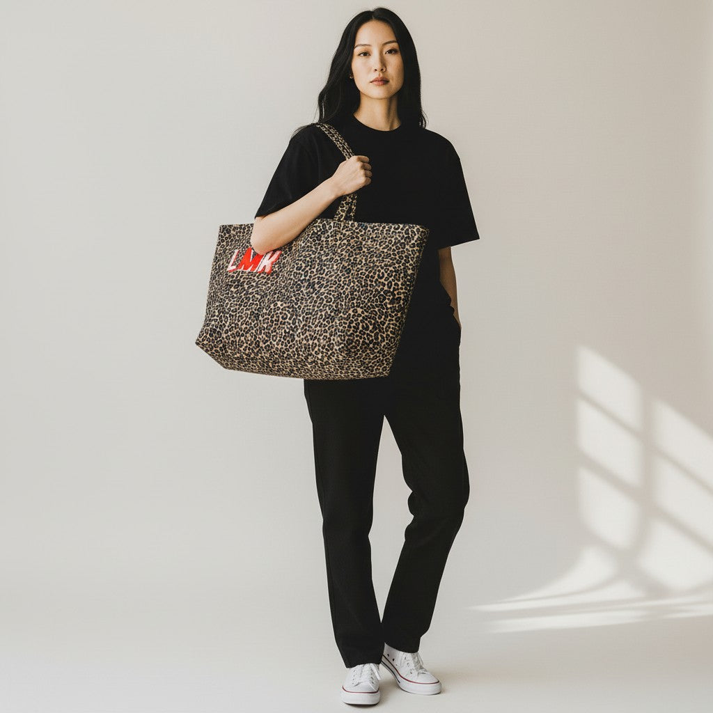 Leopard print canvas oversized tote bag - Personalised Initials