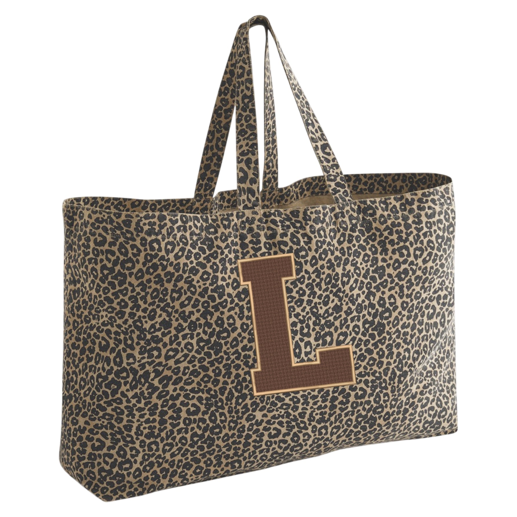 Oversized Leopard print canvas tote bag - Embroidered Personalised Initials - 7 inch letters