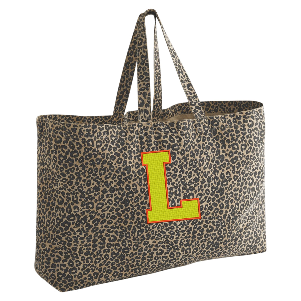 Oversized Leopard print canvas tote bag - Embroidered Personalised Initials
