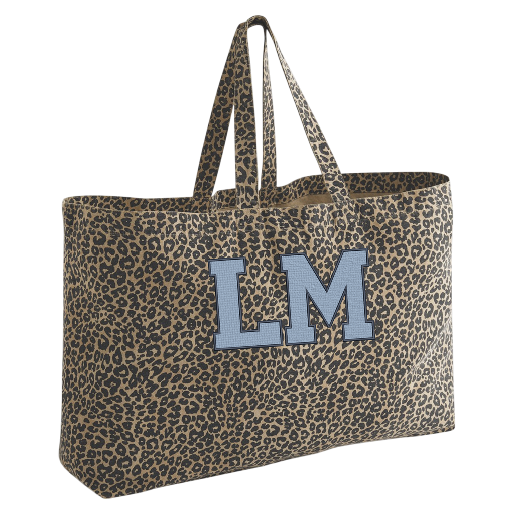 Oversized Leopard print canvas tote bag - Embroidered Personalised Initials - 7 inch letters
