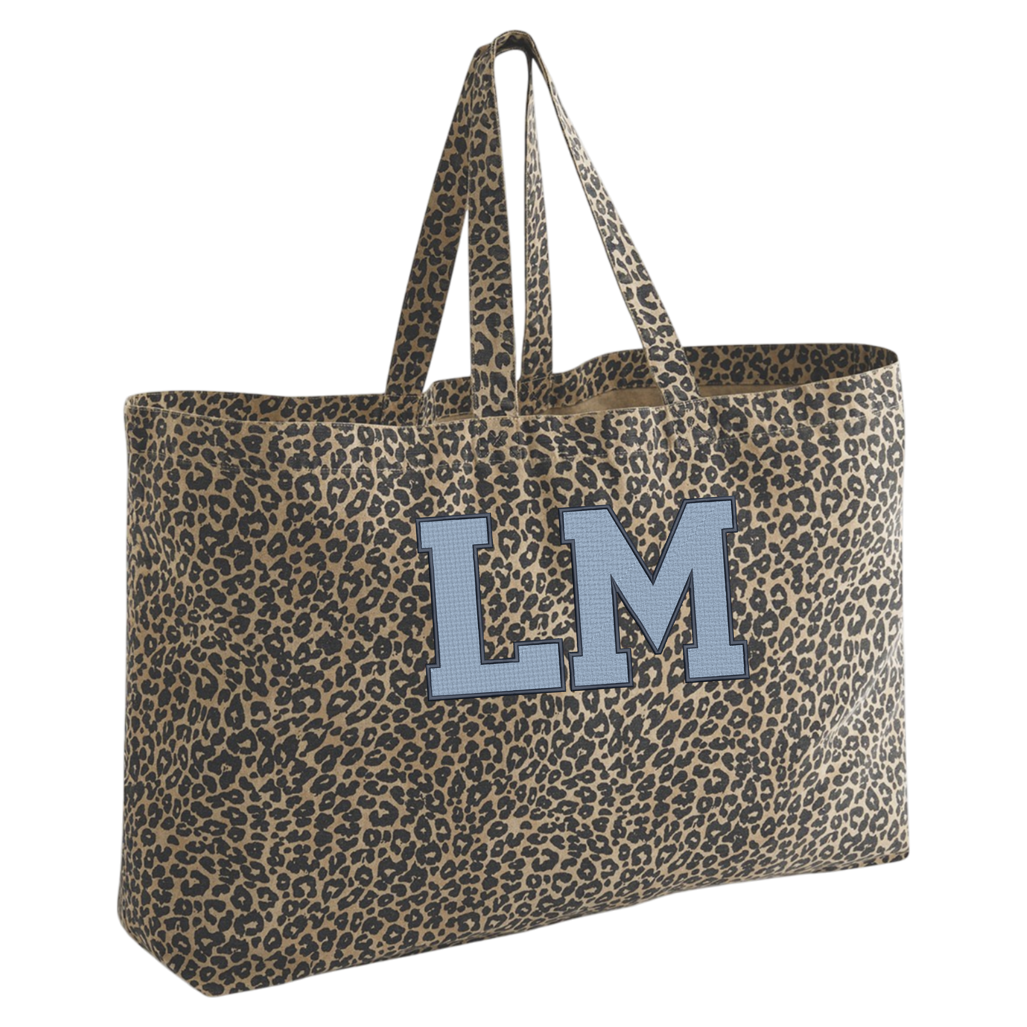 Oversized Leopard print canvas tote bag - Embroidered Personalised Initials - 7 inch letters
