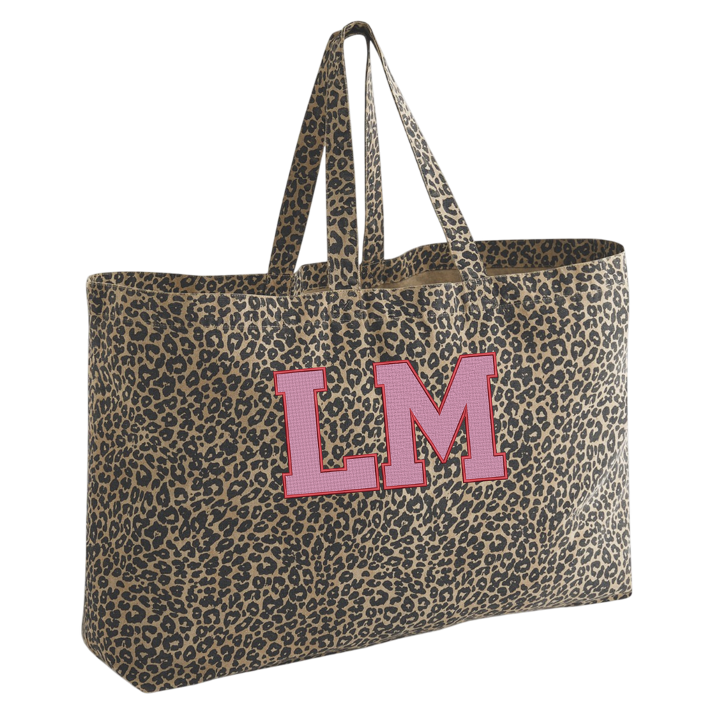 Oversized Leopard print canvas tote bag - Embroidered Personalised Initials - 7 inch letters