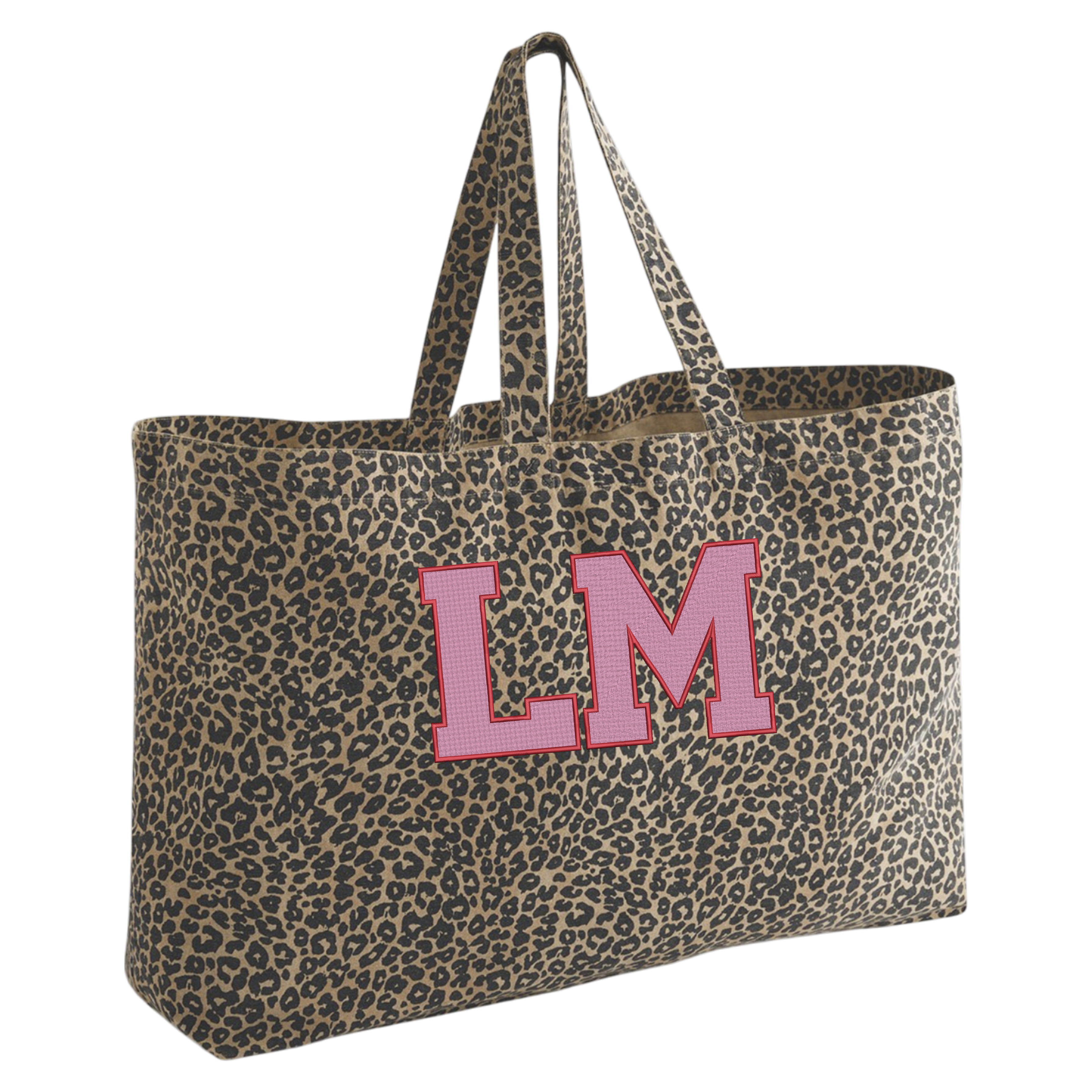 Oversized Leopard print canvas tote bag - Embroidered Personalised Initials - 7 inch letters